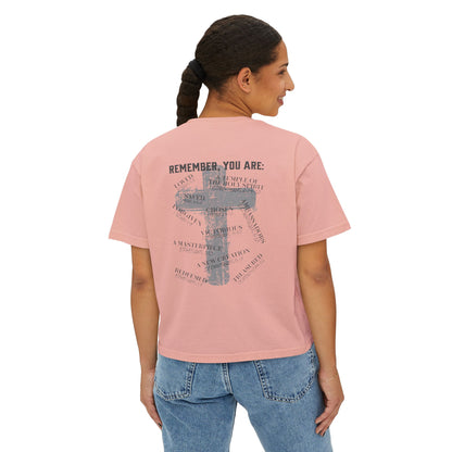 Remember, You Are: Bible & Barbell Women's Boxy Tee — Christian Cross Faith Graphic Shirt